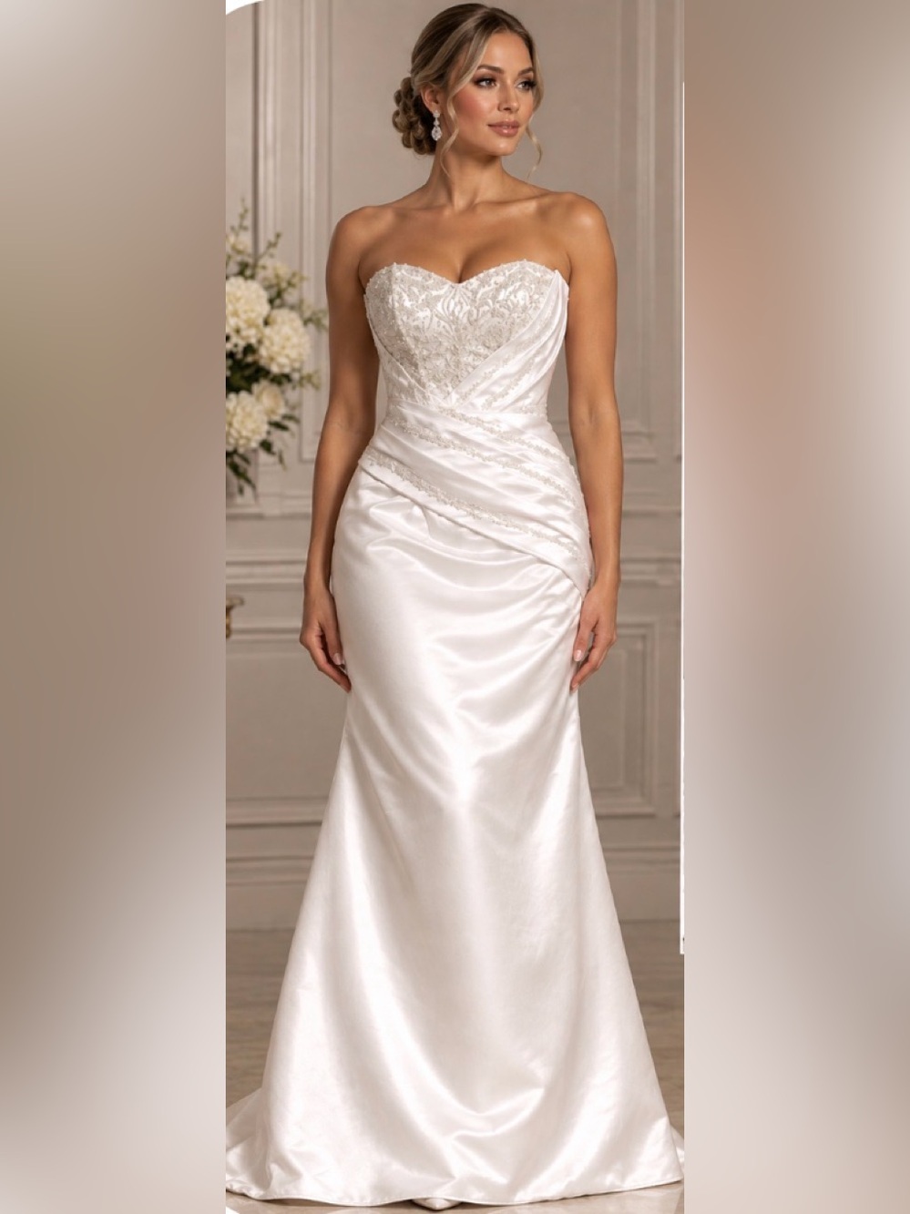 Strapless White Satin Bridal Gown with Lace Bodice. Custom made!